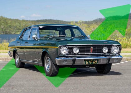 1968 Ford Falcon XT GT photoshopped with green arrow behind it