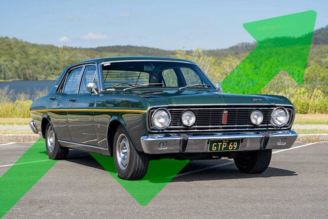 1968 Ford Falcon XT GT photoshopped with green arrow behind it
