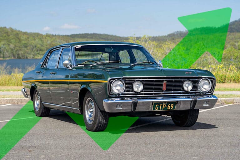 1968 Ford Falcon XT GT photoshopped with green arrow behind it