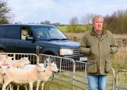 Jeremy Clarkson with sheep and his green Range Rover