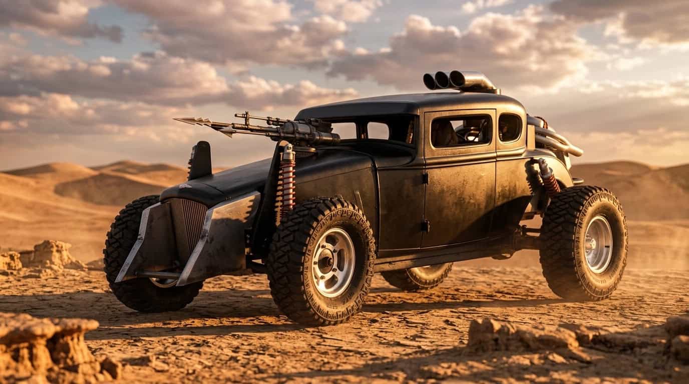The “Cranky Black” hot rod inspired by Furiosa: A Mad Max Saga (2024), recreated by Mad Max Factory with aggressive off‑road styling and raw mechanical detailing drawn from the rugged vehicle culture of the film.