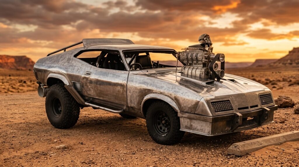 The “Razor Cola” Interceptor from Mad Max: Fury Road (2015), recreated by Mad Max Factory as an officially licensed collector vehicle preserving the brutal visual language of the modern Mad Max universe.