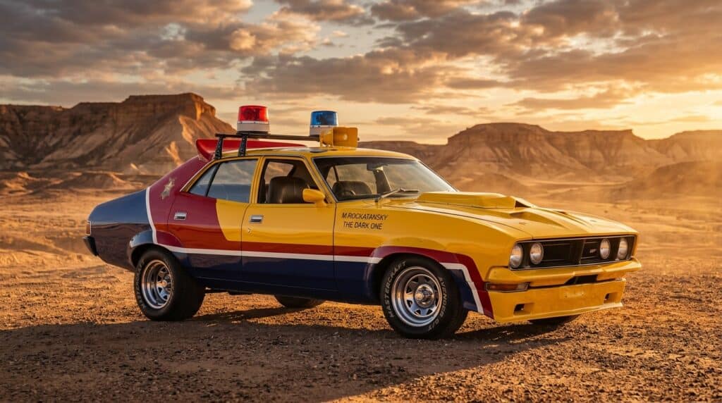 The “MFP Interceptor Sedan” from Mad Max (1979), recreated by Mad Max Factory as an officially licensed build capturing the bold police pursuit aesthetic of the original Mad Max film.