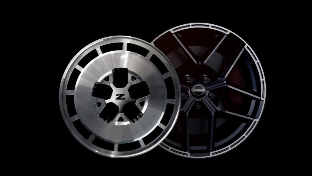 Side-by-side comparison of a historic Nissan Z alloy wheel and a modern Nissan Z wheel design, showing how the contemporary multi-spoke wheel incorporates styling elements inspired by the classic design while being sufficiently sized to provide room for modern high-performance braking systems.