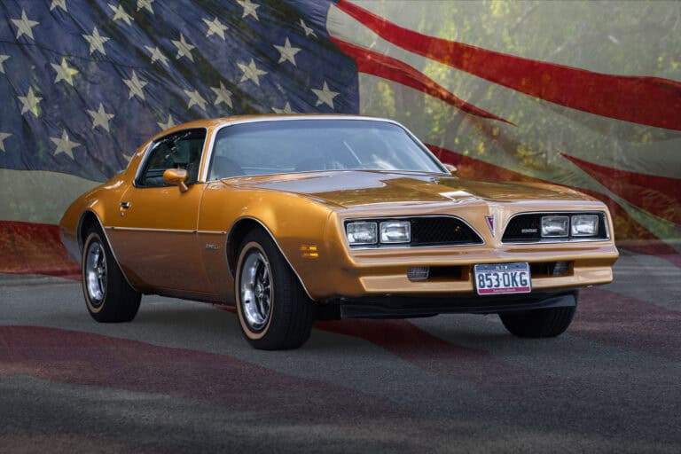 1978 Pontiac Firebird with USA flag in background