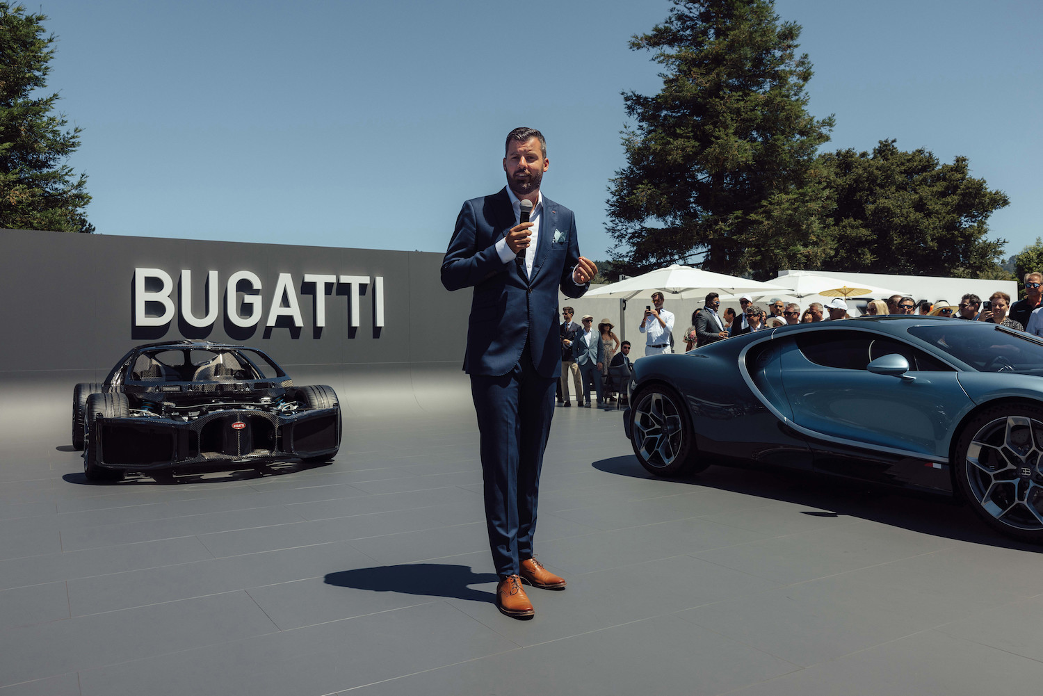 The Bugatti Tourbillon was on display alongside its rolling chassis at the 2024 edition of The Quail during Monterey Car Week