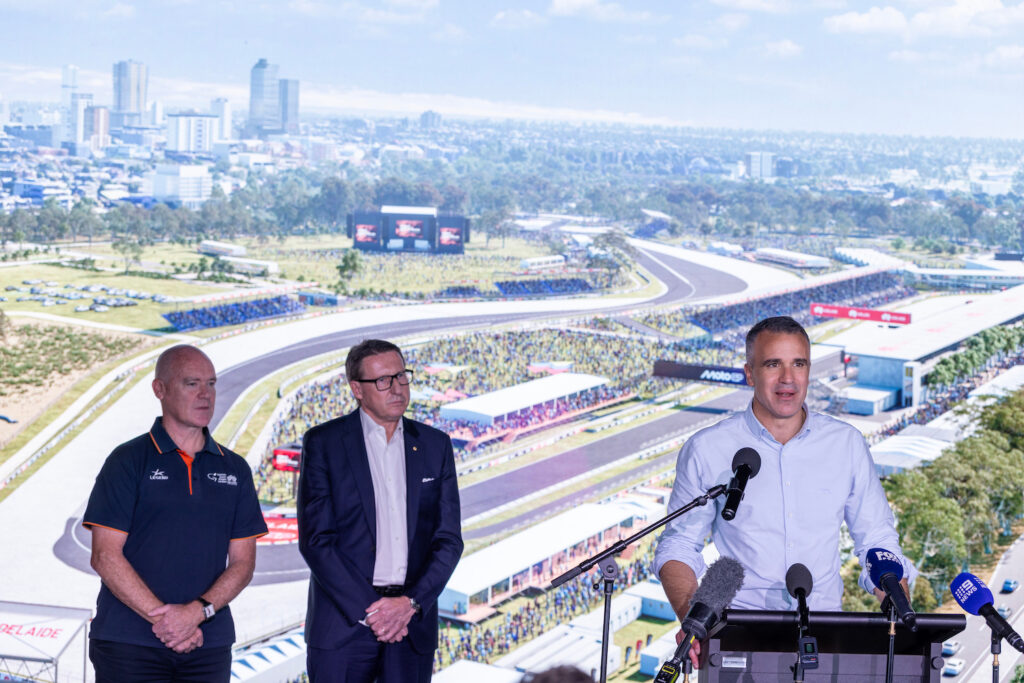 ADELAIDE, AUSTRALIA August 30, 2026: Premier Peter Malinauskas holds a press conference with the updated Adelaide Circuit design, set to deliver MotoGP to Adelaide in 2027. Picture Kelly Barnes