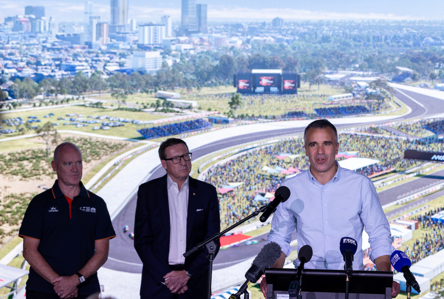 ADELAIDE, AUSTRALIA August 30, 2026: Premier Peter Malinauskas holds a press conference with the updated Adelaide Circuit design, set to deliver MotoGP to Adelaide in 2027. Picture Kelly Barnes