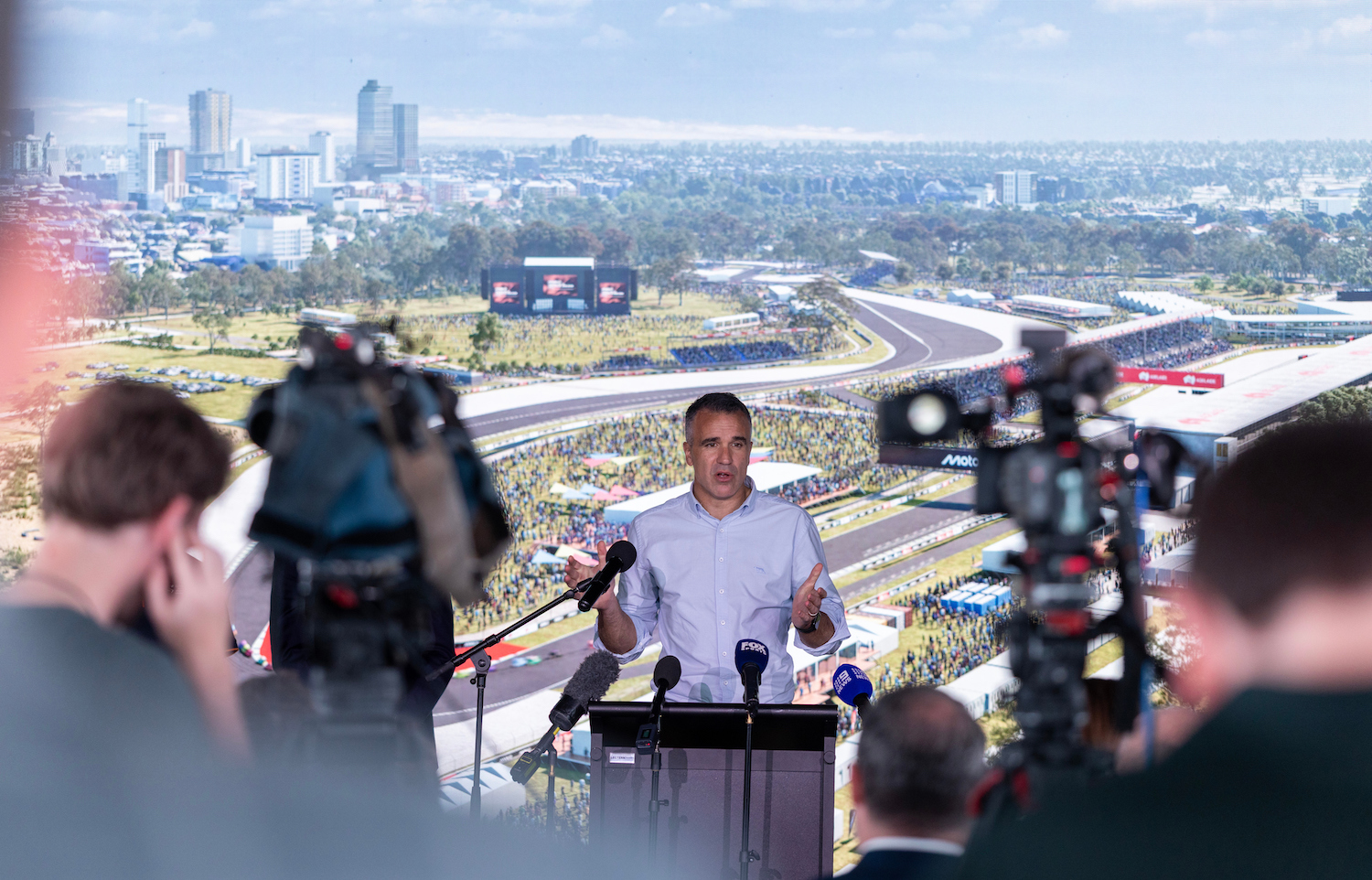 ADELAIDE, AUSTRALIA August 30, 2026: Premier Peter Malinauskas holds a press conference with the updated Adelaide Circuit design, set to deliver MotoGP to Adelaide in 2027. Picture Kelly Barnes
