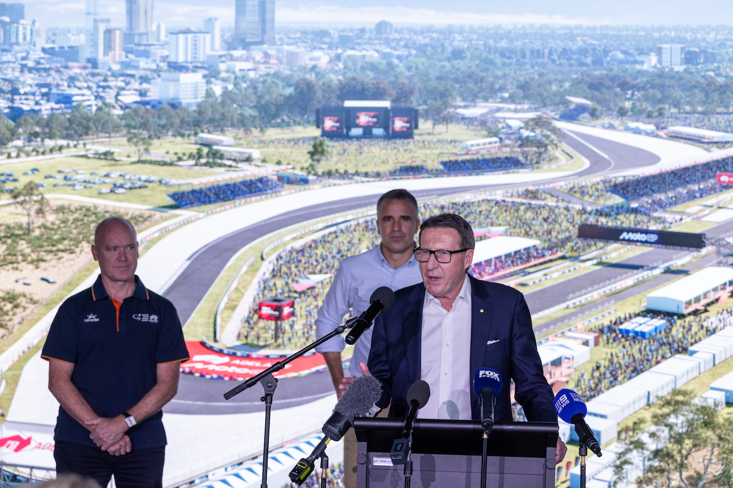 ADELAIDE, AUSTRALIA August 30, 2026: 5 times Supercar Champion Mark Mark Skaife speaks at the press conference with the updated Adelaide Circuit design, set to deliver MotoGP to Adelaide in 2027. Picture Kelly Barnes