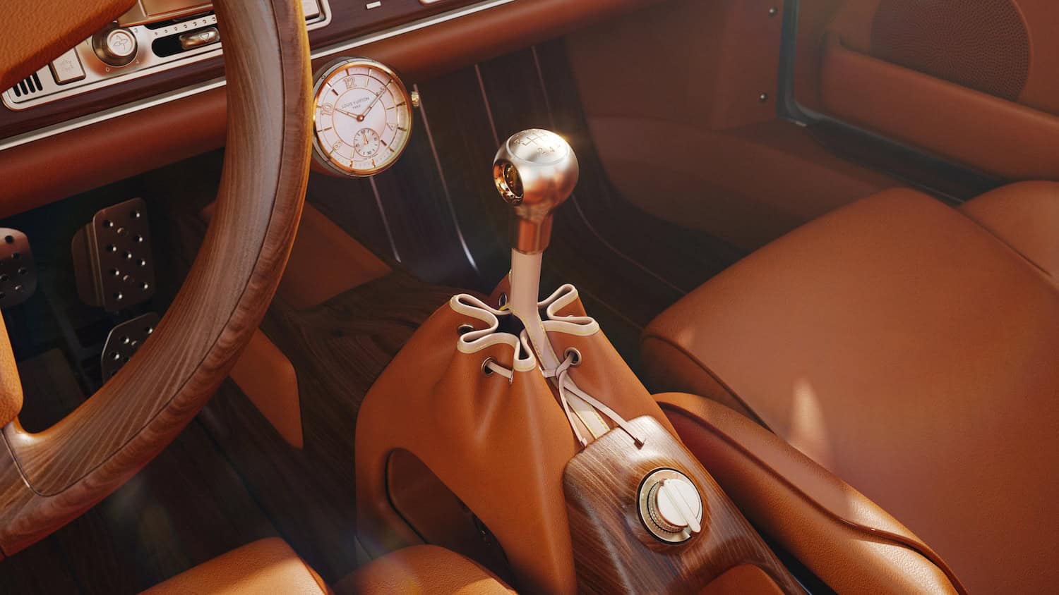 Detail showing removable dash clock, gearshift gaiter inspired by the Louis Vuitton Noé bag, and selector switch for drive modes
