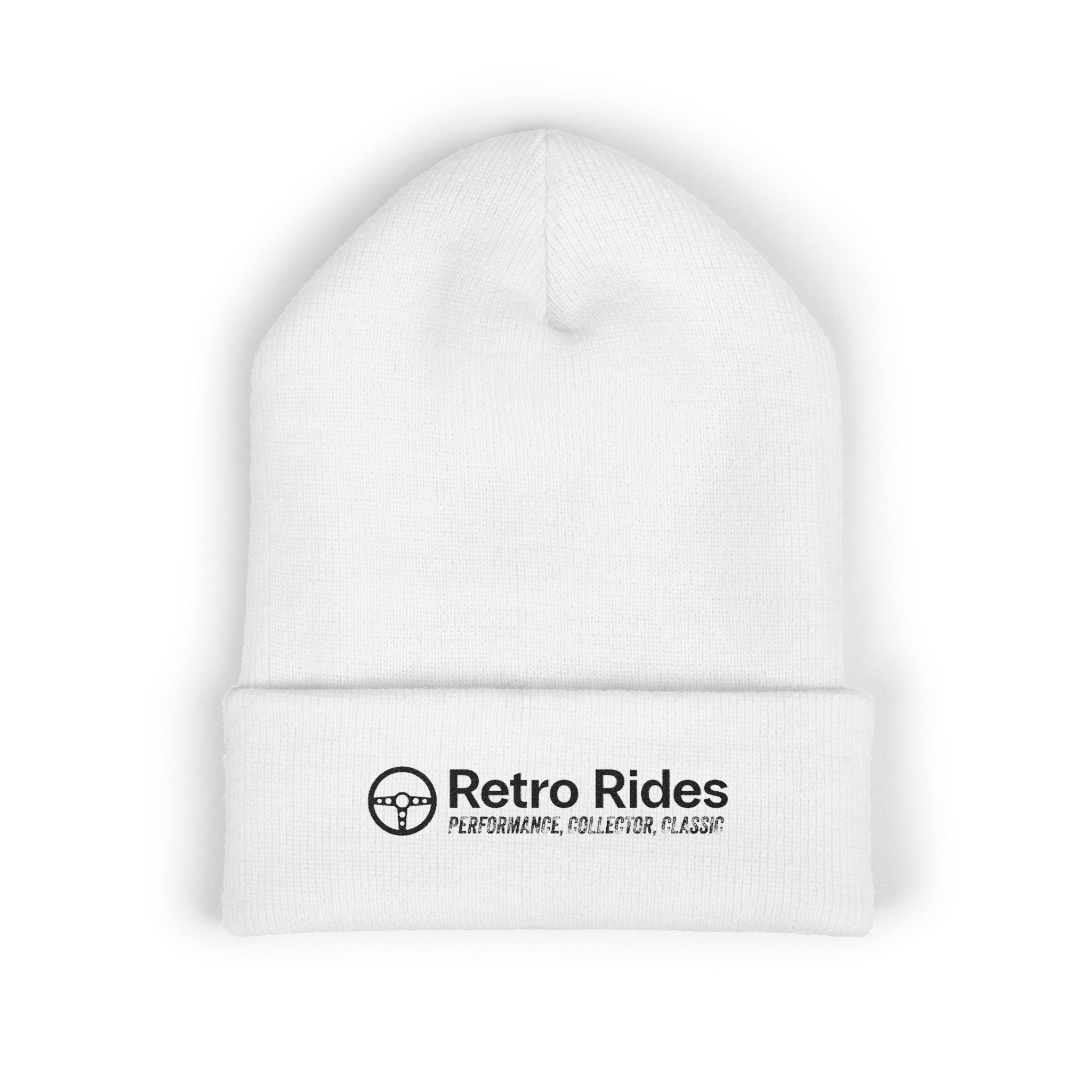 Retro Rides Embroidered Cuffed Beanie — Vintage Car Logo Knit Hat