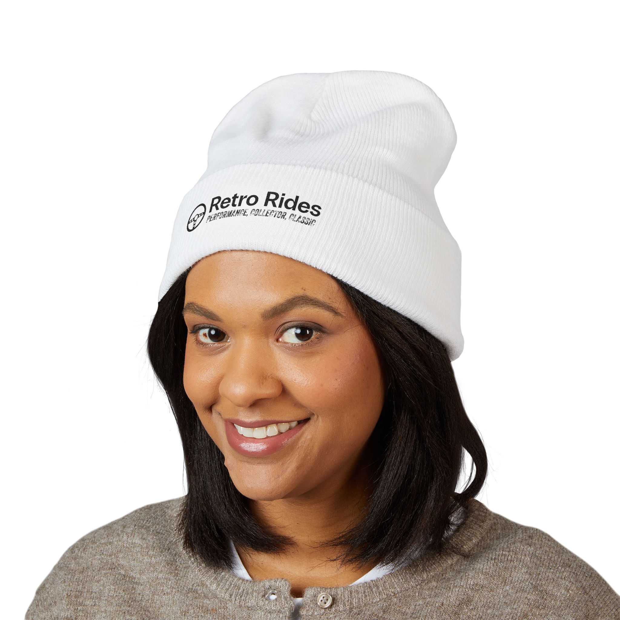 Retro Rides Embroidered Cuffed Beanie — Vintage Car Logo Knit Hat - Image 3